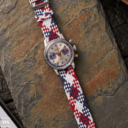 Blue/Red/White Interwoven Contrast Nylon Watch Strap on Vintage Brikon Chronograph Blue Red White