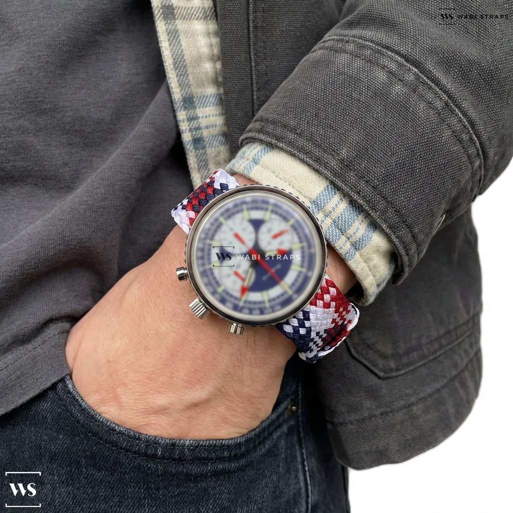 Blue/Red/White Interwoven Contrast Nylon Watch Strap on Bulova Chronograph C Stars and Stripes 96K101 White, Blue & Red Dial Automatic Men's Watch