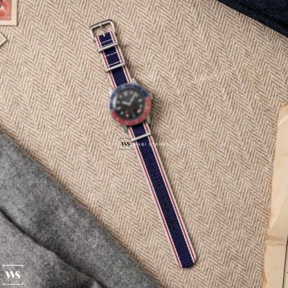 Blue/Red/White 4 Thick 1 Thin Stripe Nylon Watch Strap on Baltic Aquascaphe GMT Pepsi
