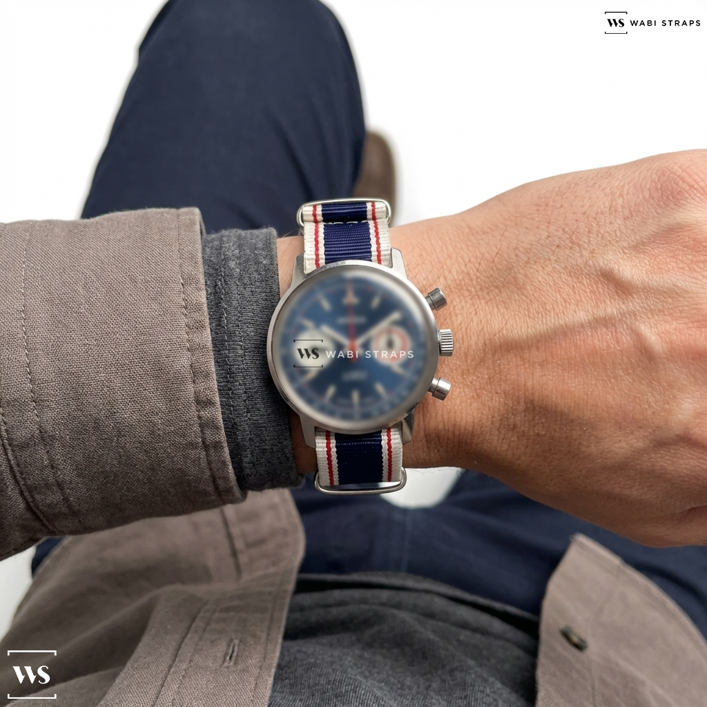 Blue/Red/White 4 Thick 1 Thin Stripe Nylon Watch Strap on Angelus Blue Chronograph Incabloc