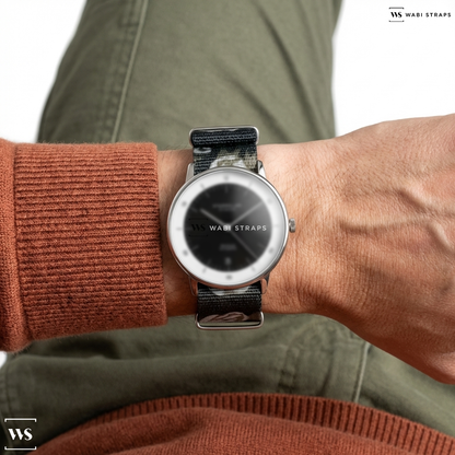 Grey/White Floral Print Nylon Watch Strap on NAOS Bauhaus Edition