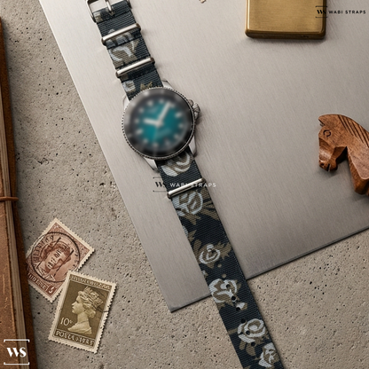Grey/White Floral Print Nylon Watch Strap on Tissot Seastar 1000 Powermatic 80 40mm