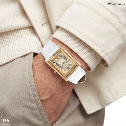 White Cross Hatch Leather Watch Strap on Cartier Privee CPCP Tank Basculante 18K Yellow Gold LIMITED SHARP