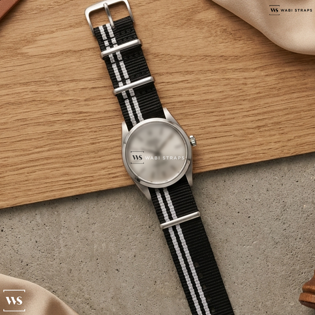 Black/White 2 Side Stripes Nylon Watch Strap on Rolex Air King Vintage Precision Silver Dial