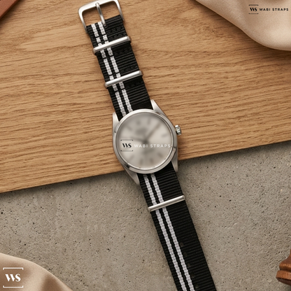 Black/White 2 Side Stripes Nylon Watch Strap on Rolex Air King Vintage Precision Silver Dial