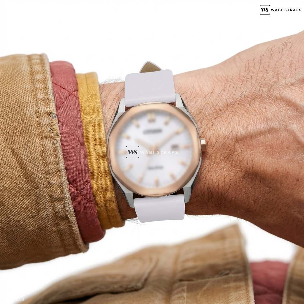White Smooth Leather Watch Strap on CITIZEN BM7606-84A ECO-DRIVE TWO TONE STAINLESS STEEL MEN WATCH