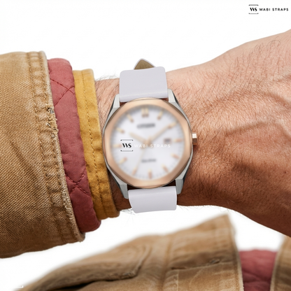 White Smooth Leather Watch Strap on CITIZEN BM7606-84A ECO-DRIVE TWO TONE STAINLESS STEEL MEN WATCH