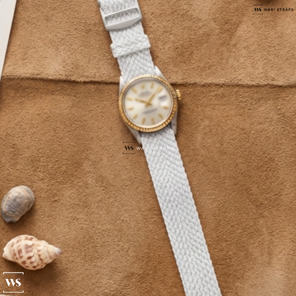 White Solid Plain Nylon Watch Strap on Rolex Datejust 1601 Two Tone Wide Boy