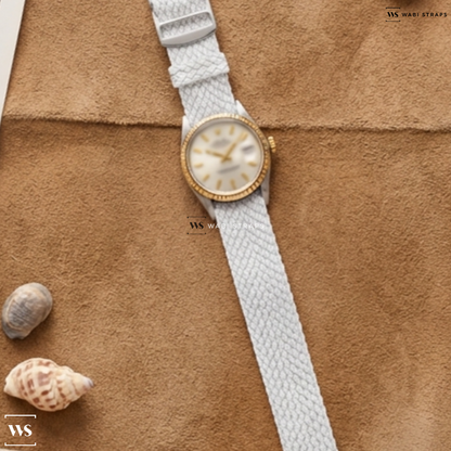 White Solid Plain Nylon Watch Strap on Rolex Datejust 1601 Two Tone Wide Boy