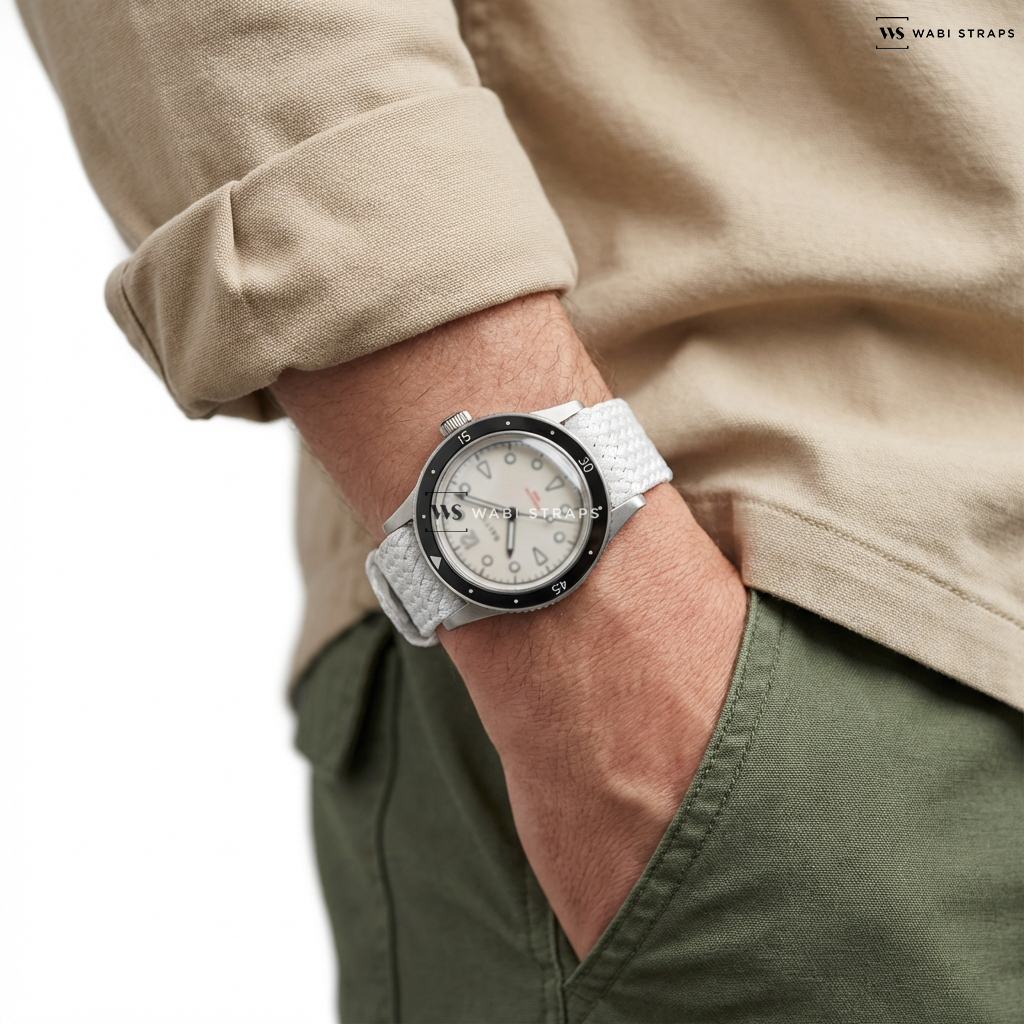 White Solid Plain Nylon Watch Strap on Aquascaphe Classic