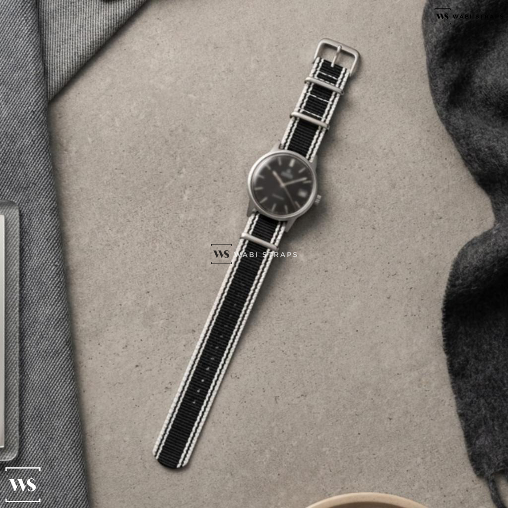 Black/White 4 Thick 1 Thin Stripe Nylon Watch Strap on Omega Geneve Automatic Black Dial