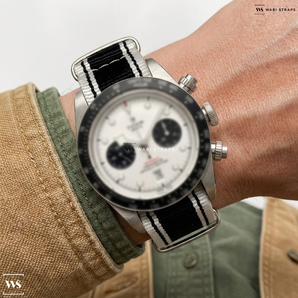 Black/White 4 Thick 1 Thin Stripe Nylon Watch Strap on TUDOR Black Bay Chrono Watches