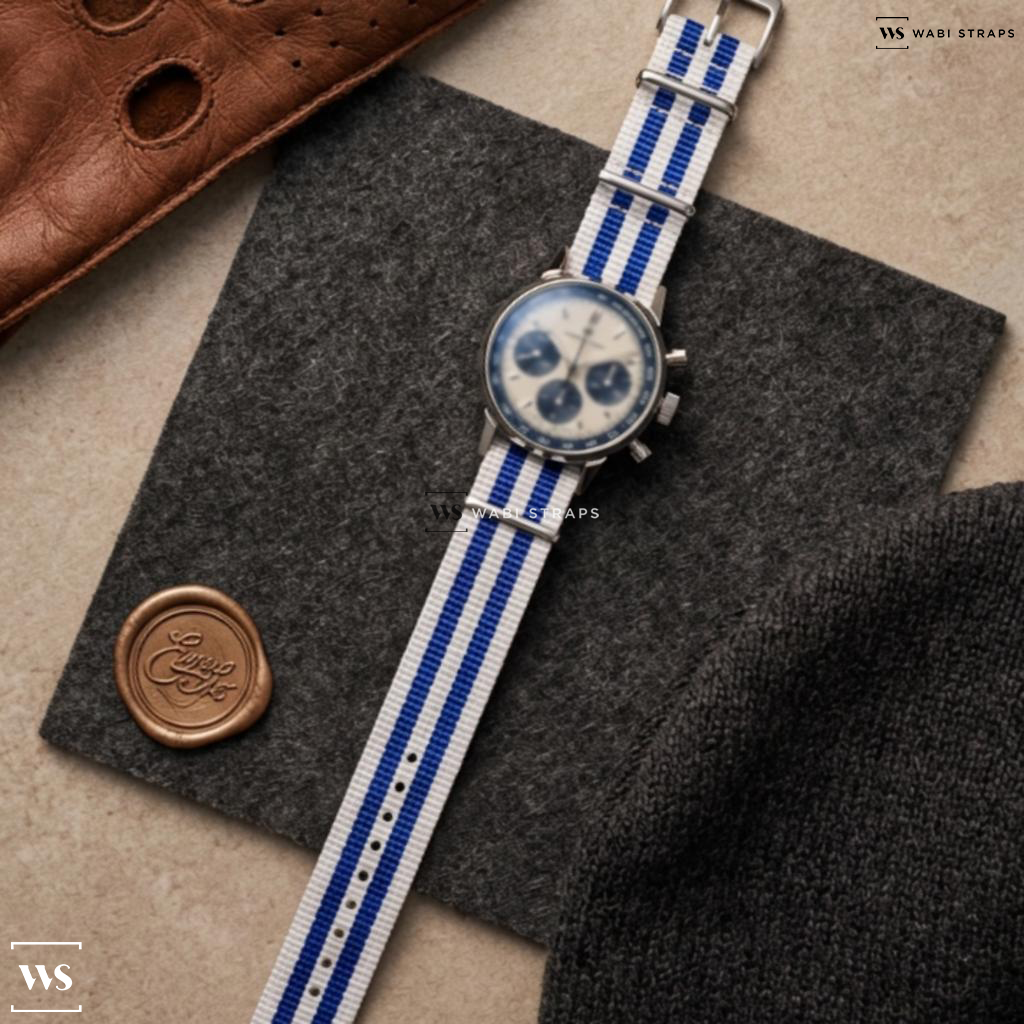Blue/White 5 Stripes Nylon Watch Strap on Zenith El Primero Chronograph