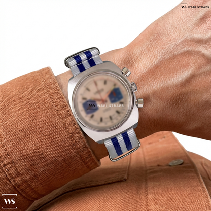 Blue/White 5 Stripes Nylon Watch Strap on Lamco Incabloc Vintage Cushion Case Chonograph