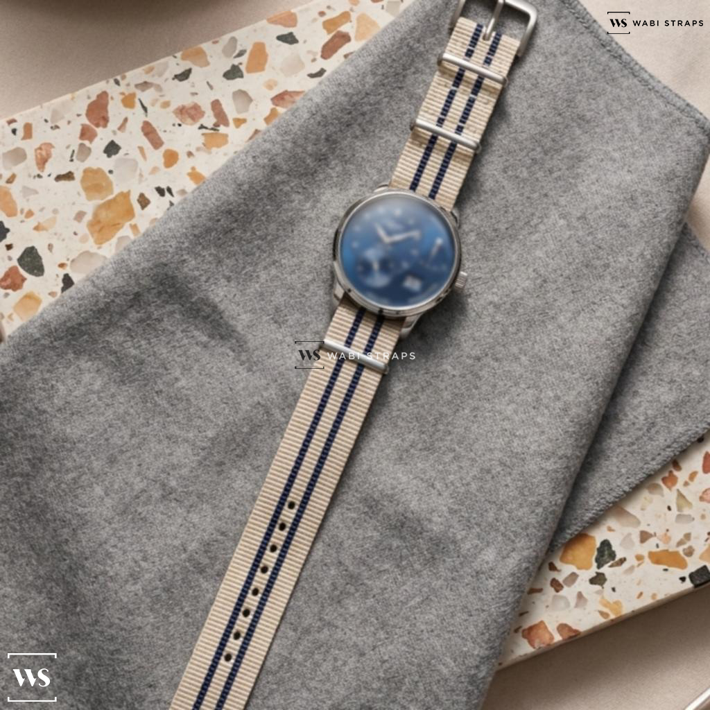 Blue/White 2 Thick 3 Thin Stripes Nylon Watch Strap on Glashutte Original PanoReserve