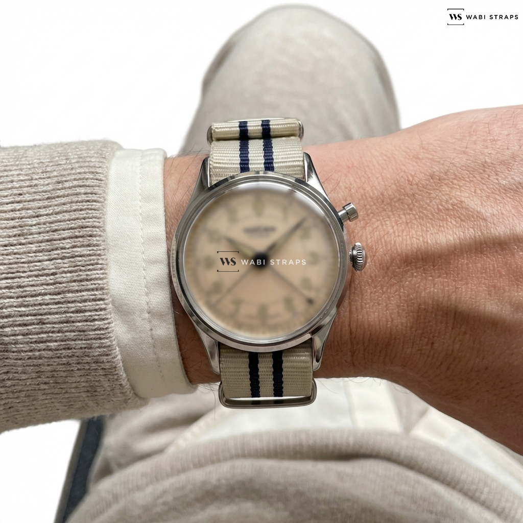 Blue/White 2 Thick 3 Thin Stripes Nylon Watch Strap on Cricket Classique 39mm with Eggshell Dial