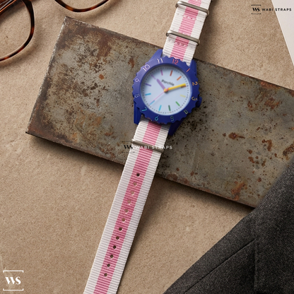 Pink/White 3 Stripes Nylon Watch Strap on Parchie Party Time Blue
