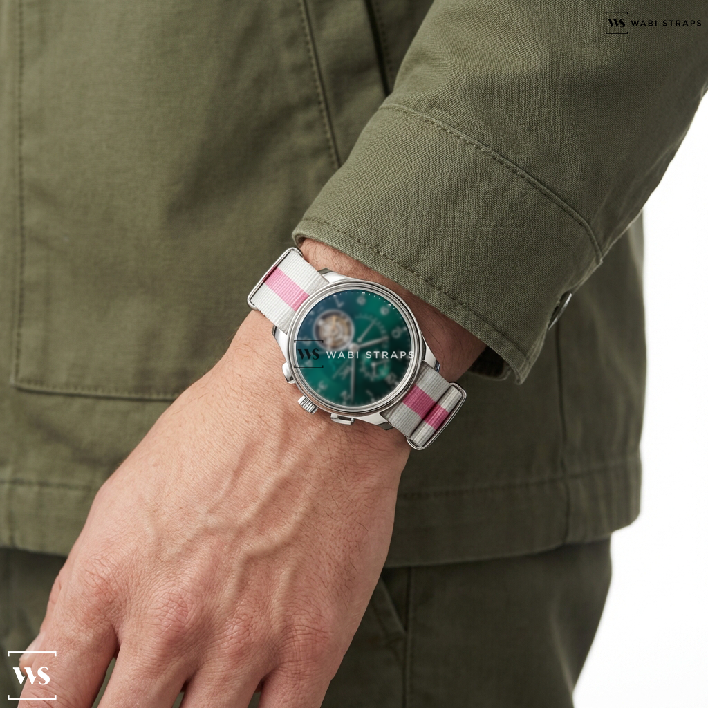 Pink/White 3 Stripes Nylon Watch Strap on Portugieser Tourbillon F1 Driver Lewis Hamilton