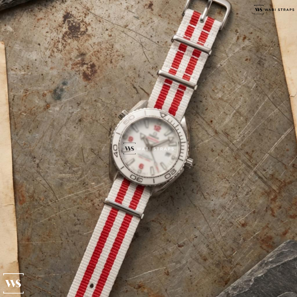 Red/White 5 Stripes Nylon Watch Strap on Omega Seamaster Planet Ocean 600M Tokyo 2020 Limited Edition