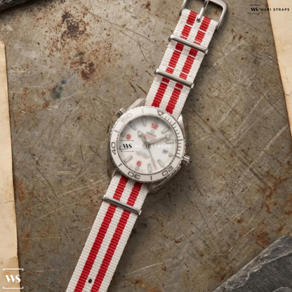 Red/White 5 Stripes Nylon Watch Strap on Omega Seamaster Planet Ocean 600M Tokyo 2020 Limited Edition