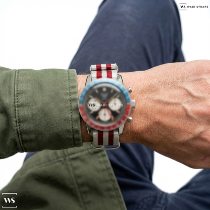 Red/White 5 Stripes Nylon Watch Strap on Heuer Autavia GMT Pepsi