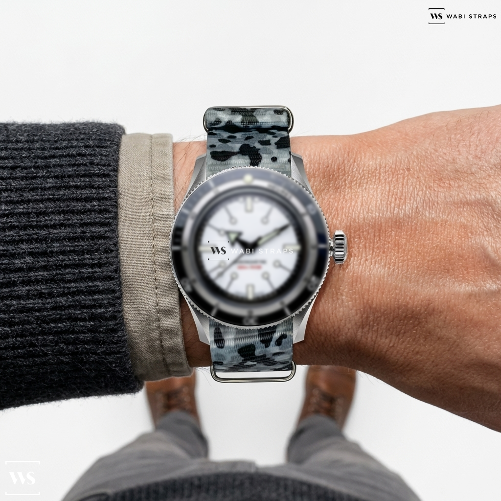 Black/Grey/White Camouflage Nylon Watch Strap on Serica 5303 COSC DIVING CHRONOMETER PORCELAIN WHITE
