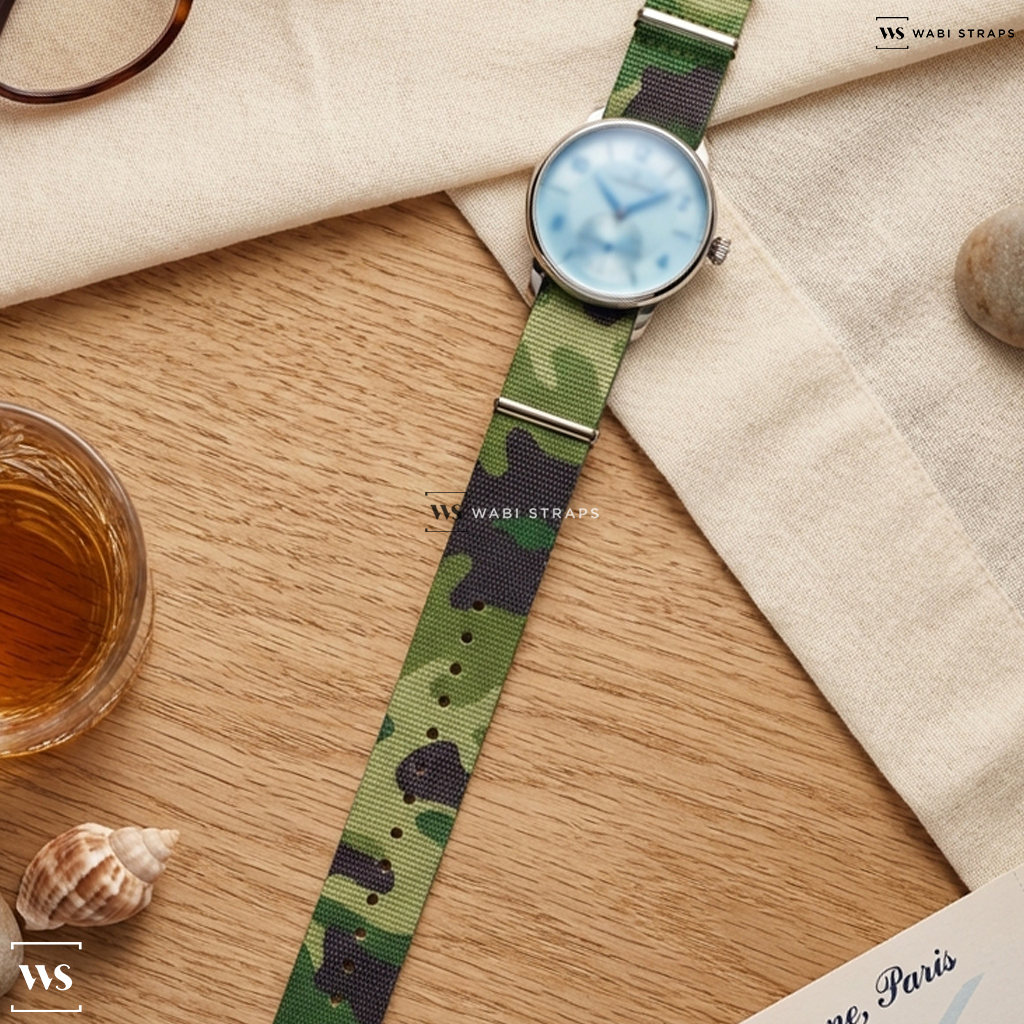 Brown/Green Camouflage Nylon Watch Strap on Louis Erard Excellence Petite Second