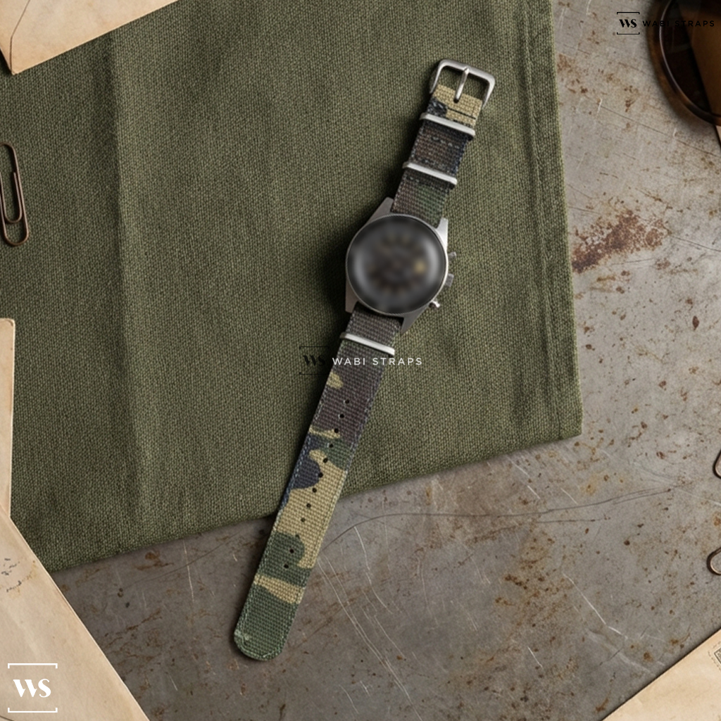 Brown/Green Tactical Camouflage Canvas Watch Strap on Vintage Accurist Waterproof Chronograph Rotating Bezel