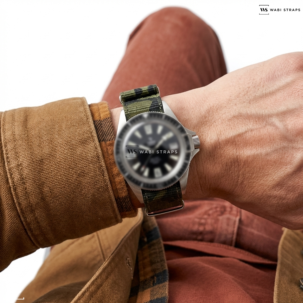 Brown/Green Tactical Camouflage Canvas Watch Strap on Yema Superman 63 | Watchonista