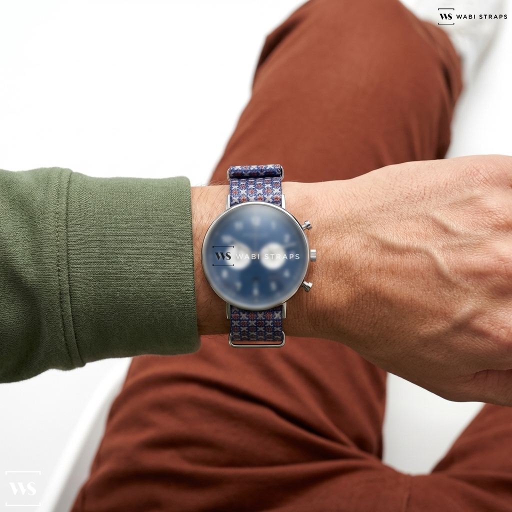 Blue/Red/White Graphic Print Nylon Watch Strap on Sternglas CHRONO Midnight blue