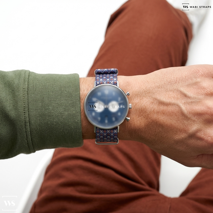 Blue/Red/White Graphic Print Nylon Watch Strap on Sternglas CHRONO Midnight blue