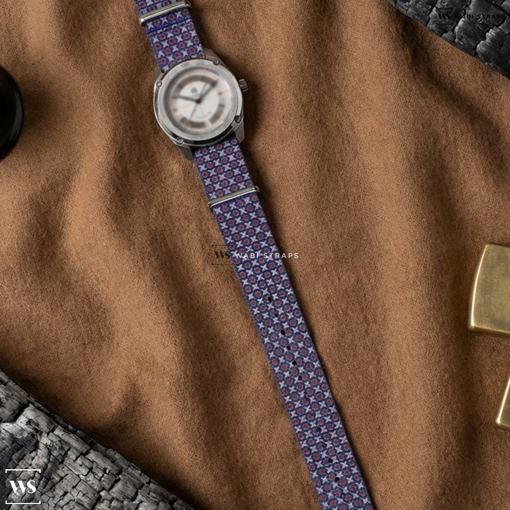 Blue/Red/White Graphic Print Nylon Watch Strap on Formex x Worn & Wound Essence Sector 39 Chronometer