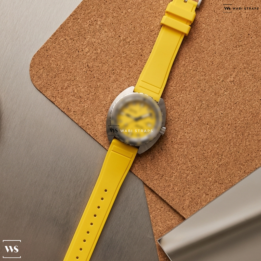Yellow Smooth Rubber Watch Strap on DOXA Sub 300T Divingstar Yellow Dial on Bracelet, 42.5mm