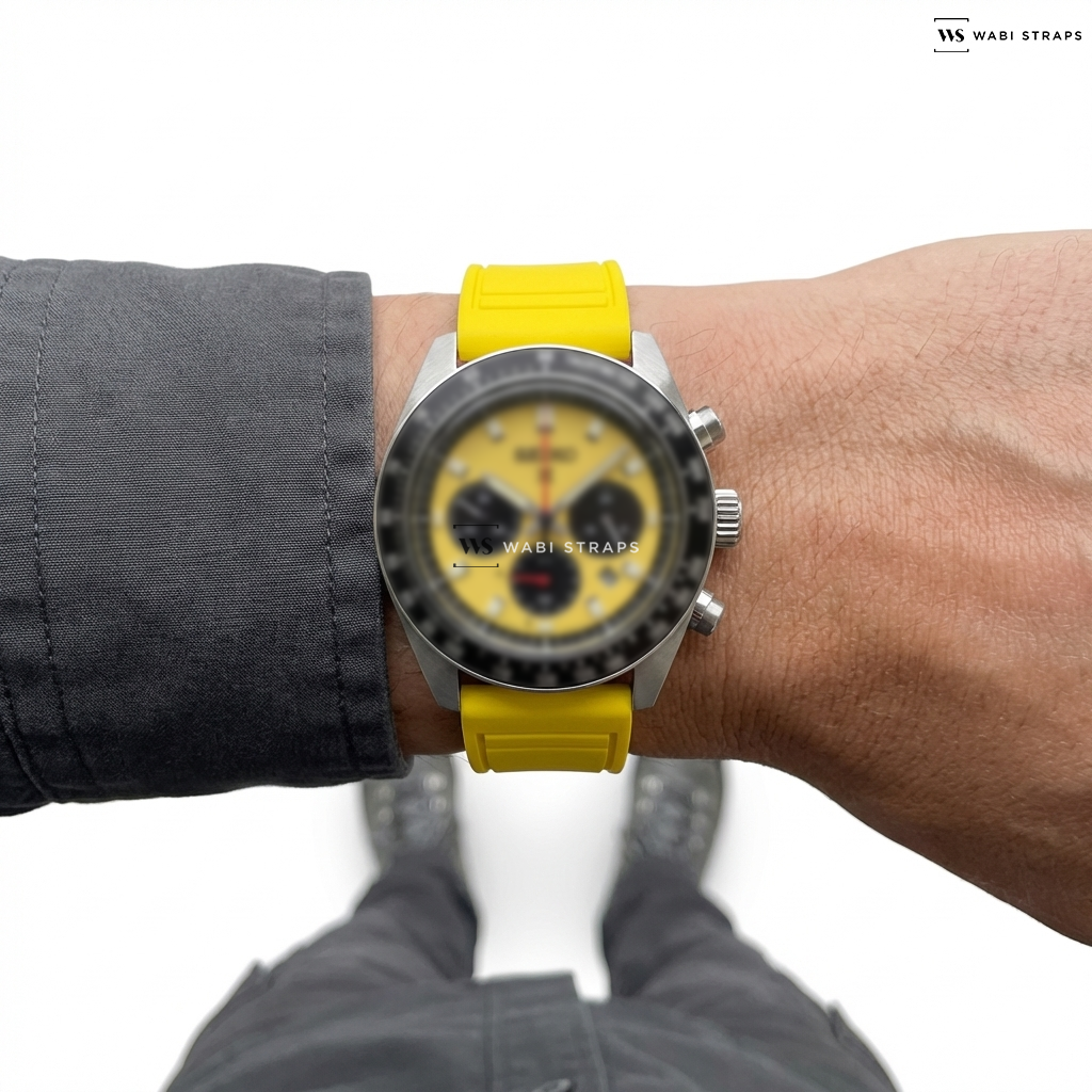 Yellow Smooth Rubber Watch Strap on Seiko Prospex US Special Edition 41mm Speedtimer Solar Chronograph with Yellow Dial #SSC929