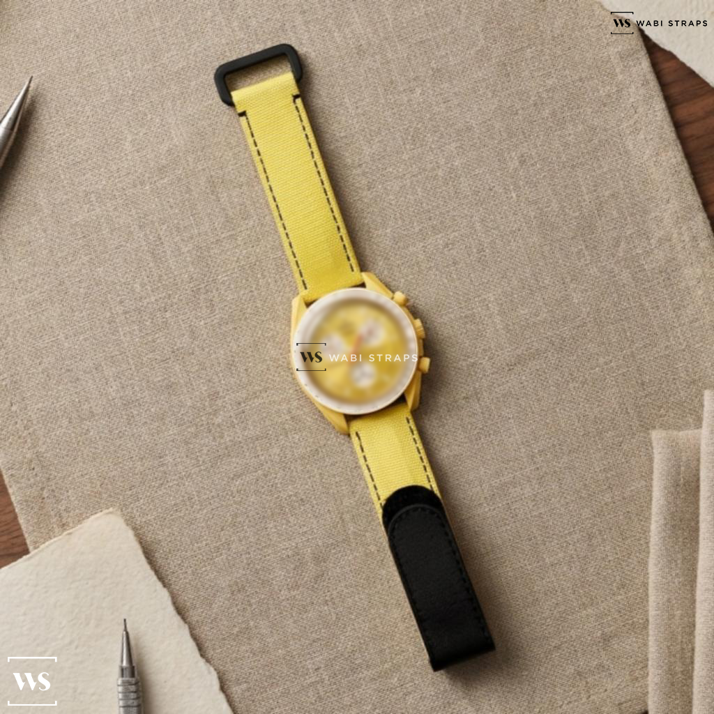 Black/Yellow Hybrid Leather Watch Strap on MOONSWATCH MISSION TO THE SUN
