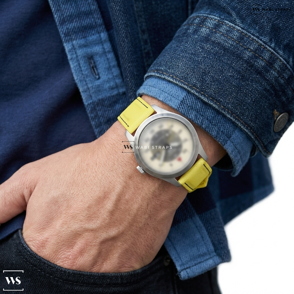 Black/Yellow Hybrid Leather Watch Strap on Seiko 5 Sports Worn & Wound 10th Anniversary Limited Edition