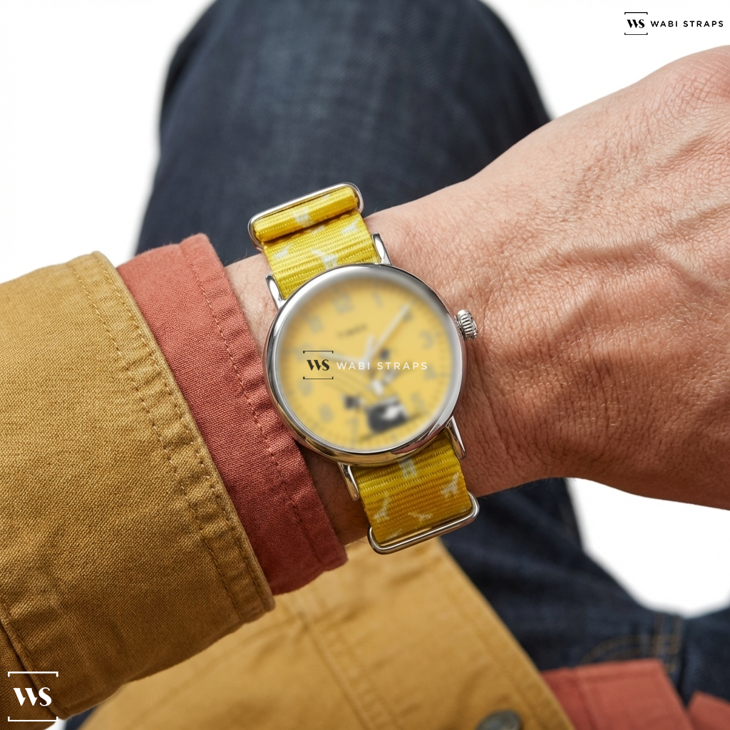White/Yellow Graphic Print Nylon Watch Strap on Timex Standard x Peanuts Featuring Snoopy St Patrick's Day 40mm