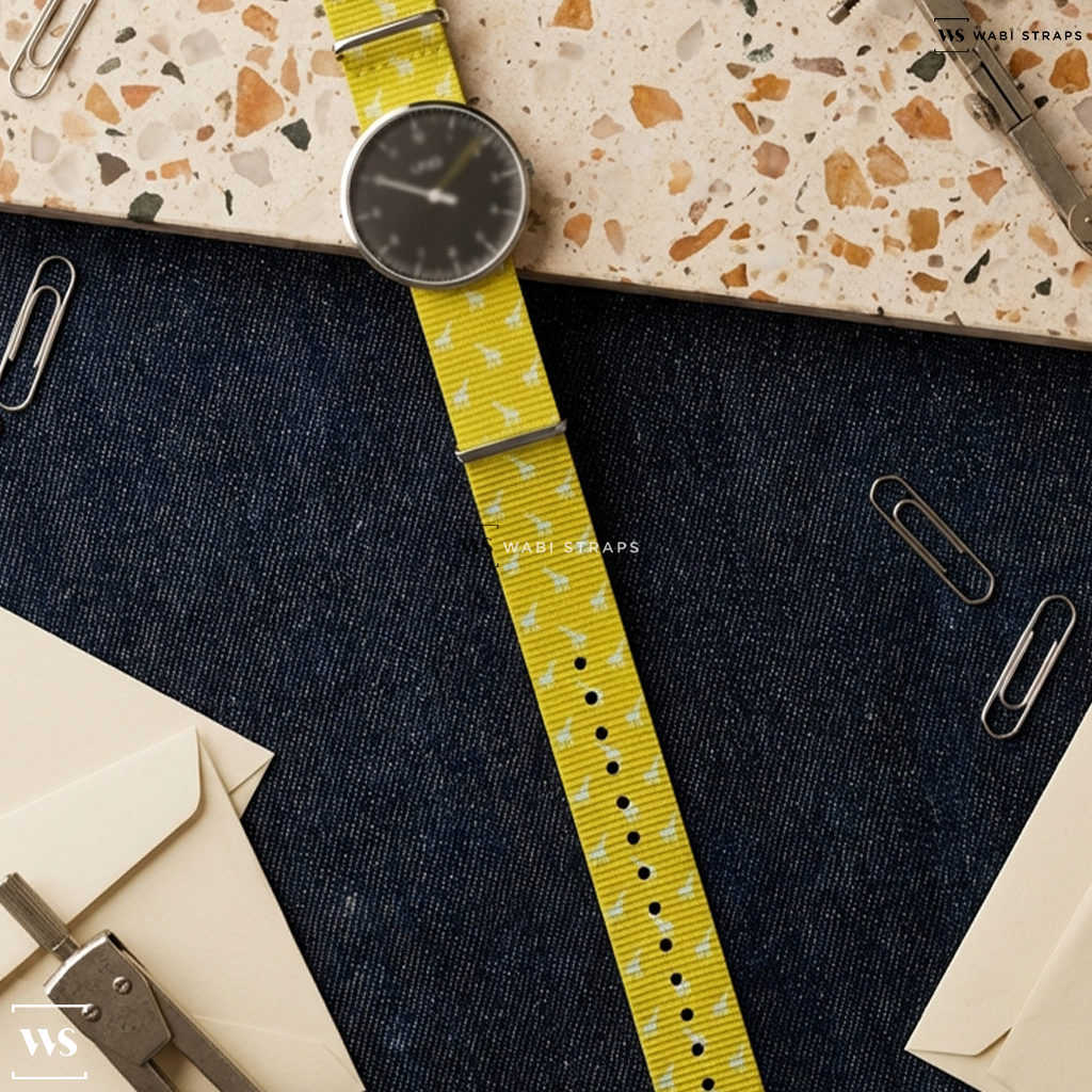 White/Yellow Graphic Print Nylon Watch Strap on BOLDR Supply Co Venture Windup Edition