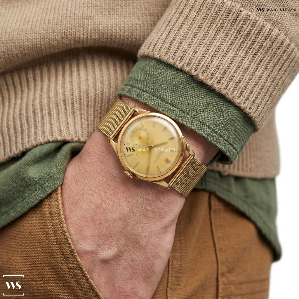 Gold Fine Metal Link Metal Watch Bracelet on Vacheron Constantin Subsecond Dress Watch