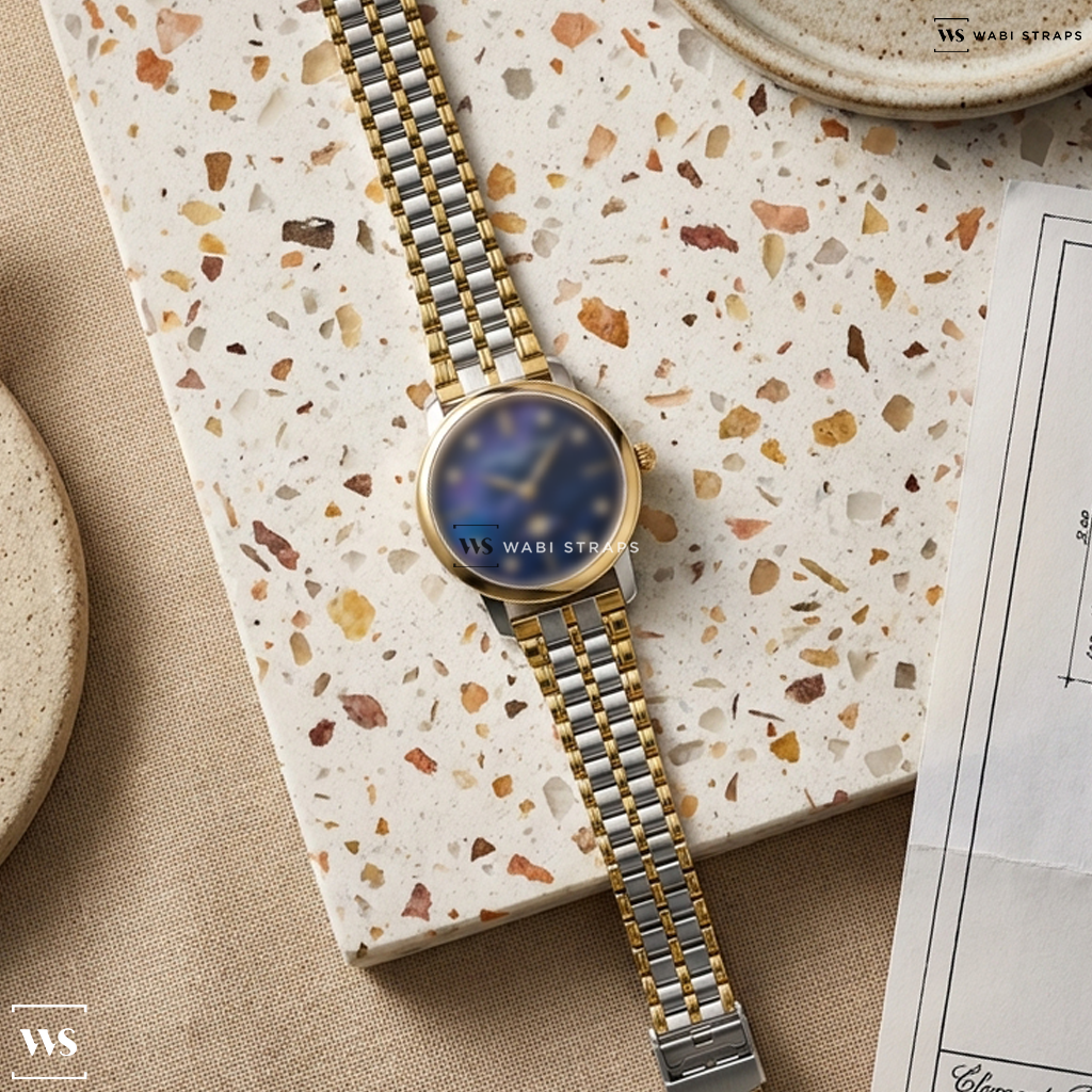 Gold/Silver Folded Railroad Metal Watch Bracelet on Frederique Constant Classics Slimline Ladies Moonphase