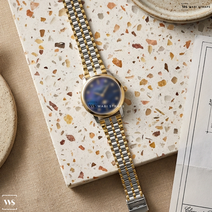 Gold/Silver Folded Railroad Metal Watch Bracelet on Frederique Constant Classics Slimline Ladies Moonphase