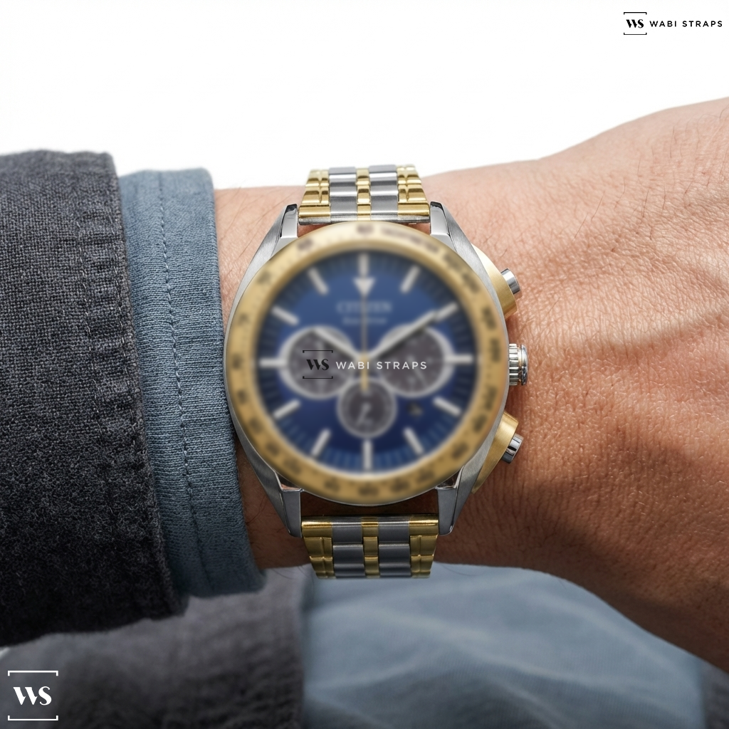 Gold/Silver Folded Railroad Metal Watch Bracelet on Citizen Carson