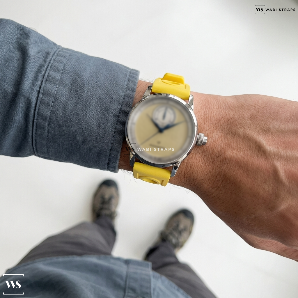Yellow Perforated Rubber Watch Strap on Louis Erard Excellence Le Chronographe Monopoussoir Louis Erard x Massena LAB Gold