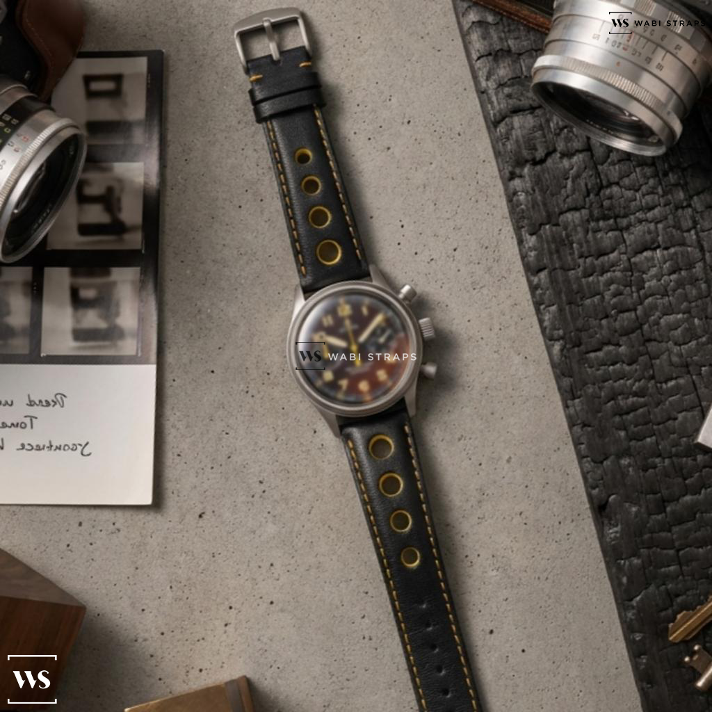Black/Yellow Contrast Holes Leather Watch Strap on Omega Dynamic Yellow