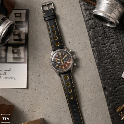 Black/Yellow Contrast Holes Leather Watch Strap on Omega Dynamic Yellow