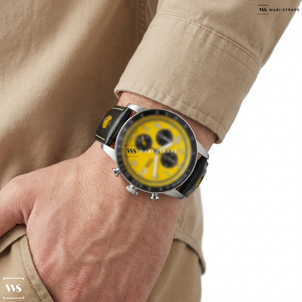 Black/Yellow Contrast Holes Leather Watch Strap on Fossil Chronograph Yellow Dial