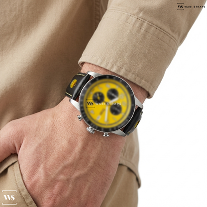 Black/Yellow Contrast Holes Leather Watch Strap on Fossil Chronograph Yellow Dial