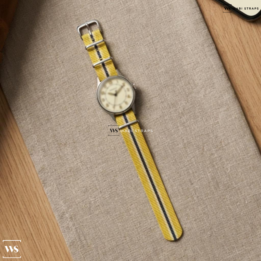 Black/Yellow 2 Thick 3 Thin Stripes Nylon Watch Strap on Vintage JLC Steel Cal 478 Vintage