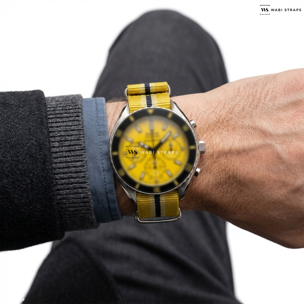 Black/Yellow 2 Thick 3 Thin Stripes Nylon Watch Strap on Doxa Divingstar 45 mm Watch in Yellow Dial