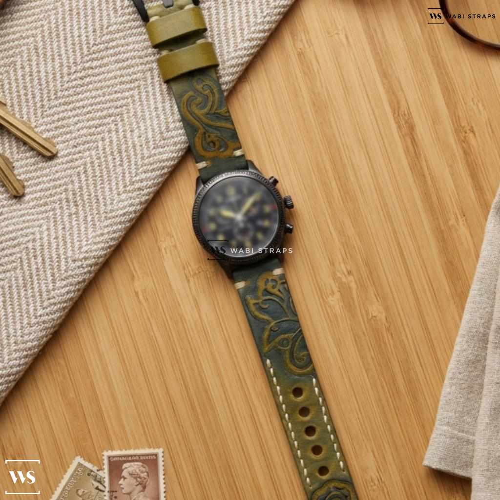 Yellow Tribal Print Leather Watch Strap on Citizen Eco-Drive Eco-Drive Black Dial Stainless Steel Men's Watch